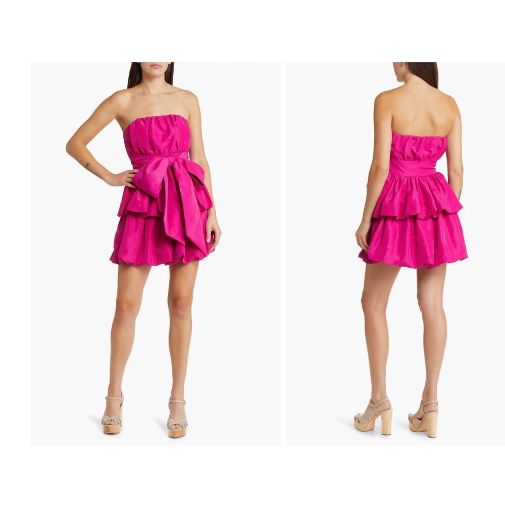 Love Shack Fancy Gallant bow Strapless Tiered Taffeta fuschia red Mini dress 6